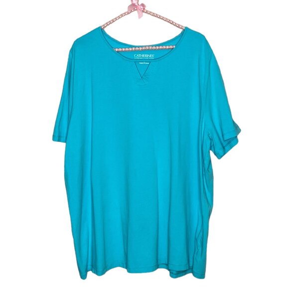 Catherines 1X 18/20W Aqua Blue Suprema Collection Stretch Cotton Pleat‎ Top Plus - Picture 2 of 5